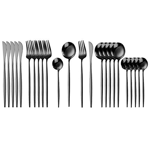 24 Teiliges Besteck Set Edelstahl Rostfrei, Essbesteck Set 6 Personen Spiegelpolierte Besteck Edelstahl Besteckset Inklusive Messer, Gabeln, Löffel und Teelöffel für Haus Küche Restaurant (Schwarz) von Ghopy