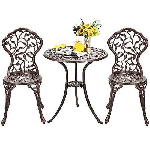 GIANTEX 3 TLG. Bistro Set, Bistrotisch mit 2 Stühlen, Gartenmöbel Set Alu, Gartenset Balkonset antik, runder Gartentisch, Balkonmöbel Set Garten Sitzgruppe 2 Sitzhocker Outdoor Bronze von GIANTEX