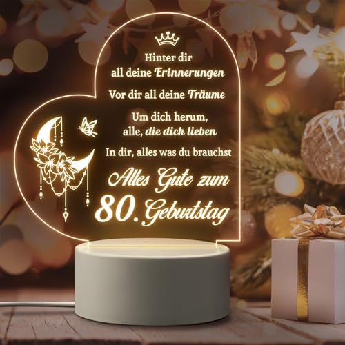 Giftasy Geschenk zum 80 Geburtstag Frau - LED Acryl Nachtlicht Lampe, Geburtstagsgeschenk für Frauen 80 Jahre, Sinnvolle Geschenke zum 80 Geburtstag Ehefrau, Oma, Mama, Beste Freundin von Giftasy