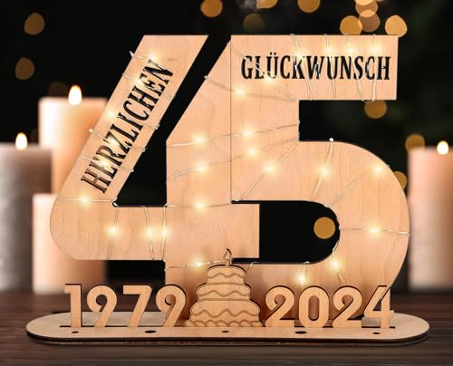 Giftota - 2024 Originelle 45 Geburtstag Geschenk Frauen & Männer - Geldgeschenke Geburtstag 45 mit LED Lichterkette Ständer - Holz-Schild Gästebuch - 45 Geburtstag Deko - Personalisierbares Geschenk von Giftota