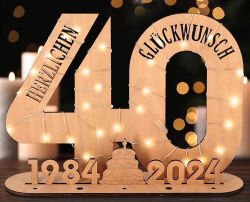 Giftota - 2024 Originelle 40 Geburtstag Geschenk Frauen & Männer - Geldgeschenke Geburtstag 40 mit LED Lichterkette Ständer - Holz-Schild Gästebuch - 40 Geburtstag Deko - Personalisierbares Geschenk von Giftota