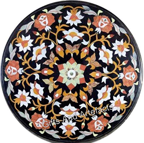 Indian Heritage Art and Crafts Couchtisch in eleganter Optik, runde Form, schwarzer Marmor, 45,7 x 45,7 cm von Gifts And Artefacts