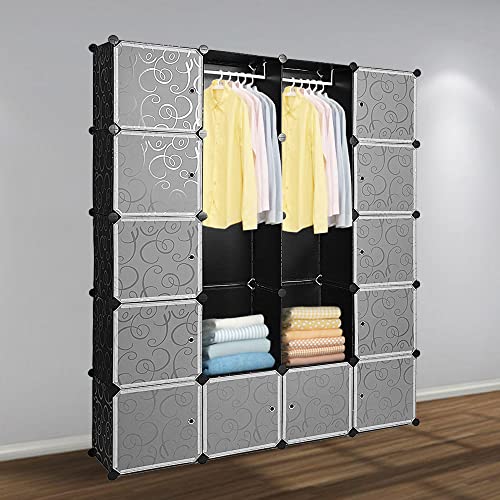 Gimisgu DIY Kleiderschrank Regalsystem 20 Würfel Garderobe Kleiderschrank Offen Kunststoff Garderobe mit Türen Garderobenschrank Schwarz 180 x 142 x 37CM von Gimisgu