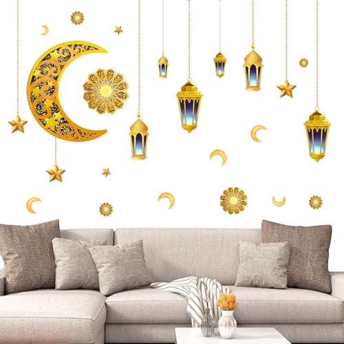 Ramadan Aufkleber Wanddekoration, Aufkleber Dekoration für Wand Ramadan, Gold Mond Stern Islamische Wanddekor-Aufkleber, 3D Wasserdicht DIY Wandaufkleber für Muslimische Partys Fensteraufkleber (A) von Giugio