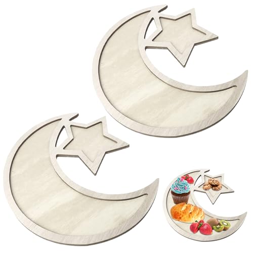 Ramadan Tablett, Holz Mond und Stern Gebäck Tablett Eid Mubarak Tischdeko Teller, Küche Obst Snack Tablett, Essen Servieren Eid Mubarak Platten für Essen Obst Snack Dessert Halter (2 Stücke) von Giugio