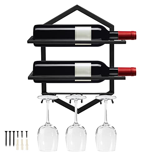 Giyiprpi Metall Wandmontierter Weinhalter Rack, Weinglashalter Hängend Stehen Organizer für 2 Flaschen und 3 Gläser inklusive, Weinregal Rotweinregal für Home Kitchen Bar Displaydekor (Schwarz 1) von Giyiprpi