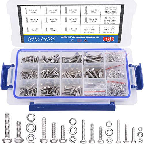 Glarks 705 Stück M3 M4 M5 Edelstahl Flachsechskantschrauben, Muttern und flache Dichtungsfederringe Sortiment Kit von Glarks