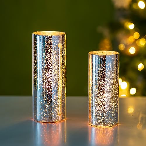 Glasseam Kerzenhalter Stumpenkerzen, 2er Set Glaszylinder mit Boden, Crackle Kerzengläser Groß, Chic Windlicht Weihnachten für Esstisch Dekoration, Kerzenständer Silber Vasen Deko für Home Tischdeko von Glasseam