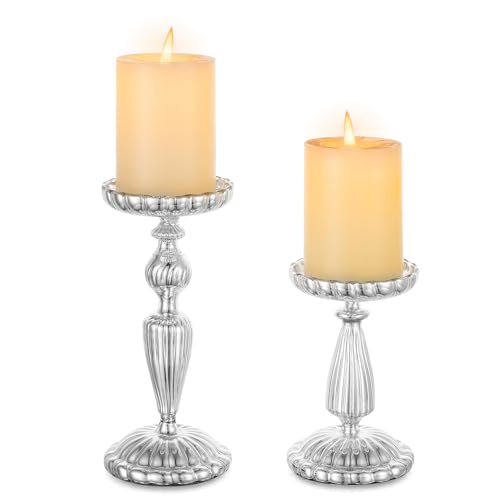 Glasseam Kerzenständer Silber Kerzenhalter Stumpenkerzen: 2er Set Kerzenständer Glas Stumpenkerzenhalter für Hochzeit Tisch Kerzenständer Weihnachten für Wohnzimmer Esstisch Deko von Glasseam
