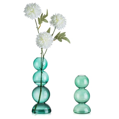 Glasseam Runde Vase Glas, Niedlich Bubble Vasen Deko, Minimalistic Grüne Vase Set 2, Moderne Glasvasen Rund Blumenvasen Tischdeko, Bunte Tulpenvase Glas Tischvase für Hydroponic Wohnzimmer Büro von Glasseam