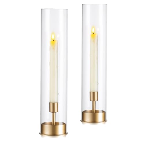 Glasseam Stabkerzenhalter Windlicht Glas, 2er Set Kerzenständer Gold mit Glaszylinder, Metall Kerzenhalter für Stabkerzen Hochzeit, Modern Hoch Windlichter Weihnachten für Wohnzimmer Haus Tischdeko von Glasseam