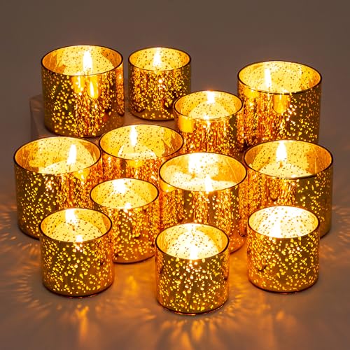 Glasseam Teelichthalter Glas Gold Teelichtgläser, 12er Set Teelichtglas Klein, Modern Votivkerzenhalter für Hochzeit Party Geburtstag, Goldene Kerzenhalter Weihnachten für Wohnzimmer Tisch Deko von Glasseam