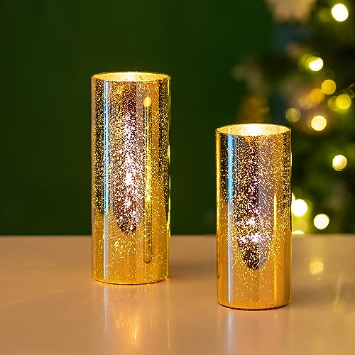 Glasseam Windlicht Glas Gross 2er Set, Kerzenständer Gold Glasvase Zylinder, Gefleckt Kerzenglas Stumpenkerzen für Hochzeit Tisch, Windlichter Vintage Kerzenhalter Weihnachten für Wohnzimmer Deko von Glasseam