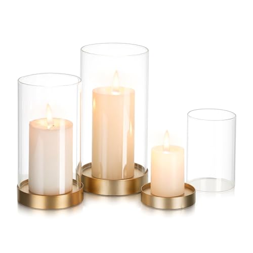 Glasseam Windlicht Glas Kerzenhalter Stumpenkerzen: 3er Set Windlicht Groß Kerzenhalter Gold Kerzenständer mit Glaszylinder für Wohnzimmer Deko Windlicht Outdoor für Weihnachten Hochzeit Dekoration von Glasseam