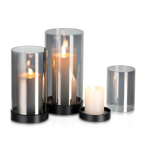 Glasseam Windlicht Glas Kerzenhalter Stumpenkerzen: 3er Set Windlicht Groß Windlicht Schwarz Kerzenständer Glaszylinder für Kerzen Modern Windlichter für Draußen Garten Wohnzimmer Dekoration von Glasseam