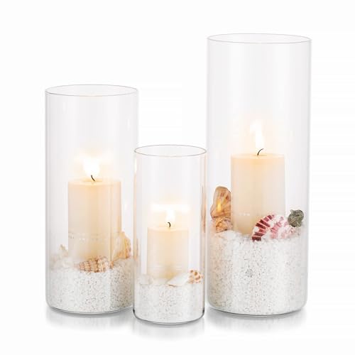 Kerzenhalter Glas Set Kerzenständer Glaszylinder: Modern Windlicht Für Stumpenkerzen Teelicht Pampasgras Vasen Hochzeit Tischdeko Glasvase Zylinder Deko Wohnzimmer Esstisch (M+L+XL, 1 Satz) von Glasseam