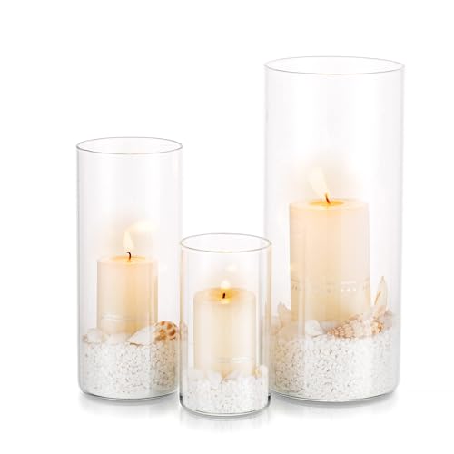 Kerzenhalter Glas Set Kerzenständer Glaszylinder: Modern Windlicht Für Stumpenkerzen Teelicht Pampasgras Vasen Hochzeit Tischdeko Glasvase Zylinder Deko Wohnzimmer Esstisch (S+M+L, 1 Satz) von Glasseam