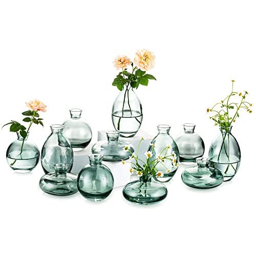 Kleine Vasen Für Tischdeko Vintage Handmade, 4 Sätze (12 Stück) Grün Mini Vase Glas Blumenvase Modern Set Verschiedene Groessen Schlanke Hydroponic Glasvase Fuer Blumen Deko Hochzeit Tisch Wohnzimmer von Glasseam