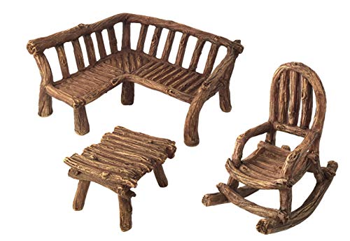 GlitZGlam Miniatur Feengarten 3-teiliges Möbel Set: rustikale Holzbank, Schaukelstuhl und Miniatur-Tabelle - Fairy Garden Miniature Furniture von GlitZGlam