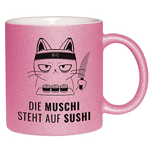 Glitzertasse “Die Muschi, steht auf Sushi” | Kaffetasse - Teetasse - Geschenkidee von Glitzerversum