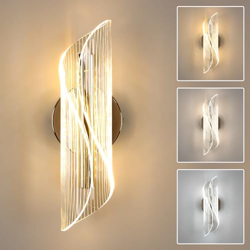 Goeco LED Wandlampe Innen, Moderne Gold Wandleuchte LED aus Acryl, 3000K&4500K&6500K Farbtemperatur über Wandschalter Steuerbar, Wandbeleuchtung Lampen für Schlafzimmer, Wohnzimmer, Flur, 28 * 10CM von Goeco