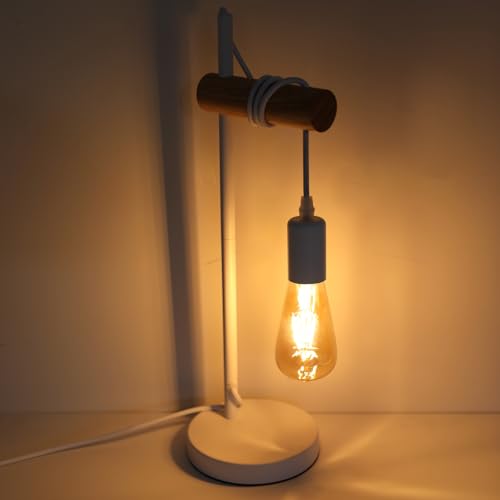 Goeco Nachttischlampe Vintage, Industrial Design E27 Tischlampe aus Holz und Metall, Rustikal Beleuchtung Lampe für Schlafzimmer, Arbeitszimmer, Schlafsaal, Weiß von Goeco