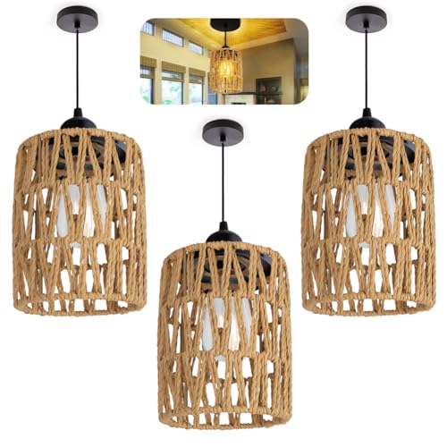 Gohytal 3 Stück Lampenschirm Rattan, Boho Lampenschirm E12 E14 Lampenschirm Klein Hängelampe Rattan Ersatzschirm Zubehör für Tischlampe Hängeleuchten Deckenlampe für Esszimmer Wohnzimmer Café von Gohytal