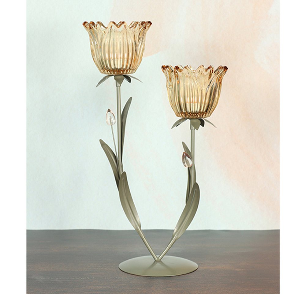 Goldbach Teelichthalter Glas Teelichthalter Blume 2er 22 x 12,5 x 38 cm, beige (1 St) von Goldbach