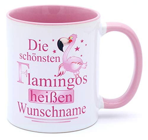 Die schönsten Flamingos heißen Wunschname Tasse mit Namen Becher personalisiert Büro Keramik Rosa Weiß Pink Kaffeebecher Accessoires Deko Geschirr Mädchen Geschenk Artikel Geburtstagsgeschenk von Golebros