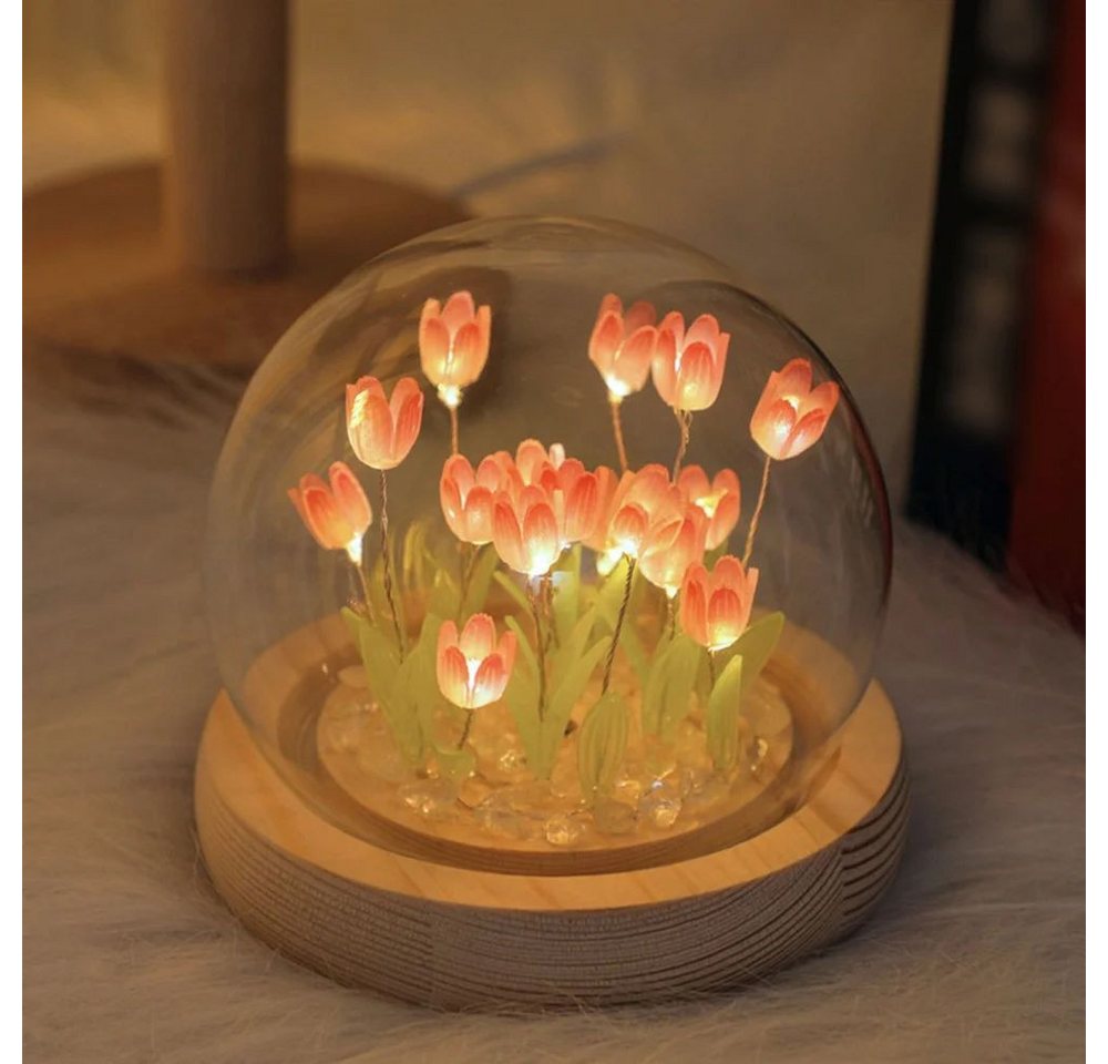 Gontence LED Nachtlicht DIY Tulpen-Nachtlicht mit 16 Blumen, niedliche Simulationsblume, handgefertigte LED-Schlafzimmerlampe, Schlaftischlampe, Schlafzimmer-Schlaftischlampe, handgefertigte Atmosphäre, dekorative Lampe mit Glaskuppel, Geeignet für Frauen, Weihnachts- und Geburtstagsgeschenke von Gontence