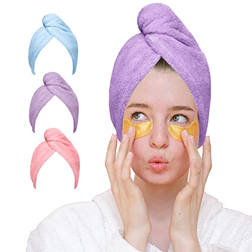 Good Nite Unisex Erwachsene Kind 3er-Pack Mikrofaser Haartrockentuch Wrap Super saugfähig Haarturban Handtücher mit Knöpfen M, Blau | Lila Rosa, 65 x 25 cm UK von Good Nite