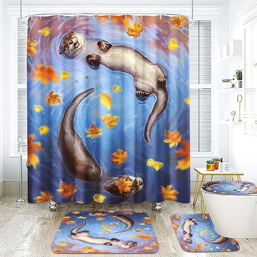 Goplnma Otter Duschvorhang Seeotter 3D Süßes Otter Duschvorhang 180 x 200 180 x 180 Otter Duschvorhänge Wasserdichtes Polyeste Badezimmermatte 4-teiliges Set (180 x 200 cm,12) von Goplnma