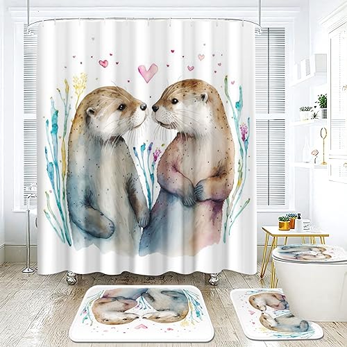 Goplnma Otter Duschvorhang Seeotter 3D Süßes Otter Duschvorhang 180 x 200 180 x 180 Otter Duschvorhänge Wasserdichtes Polyeste Badezimmermatte 4-teiliges Set (180 x 200 cm,4) von Goplnma