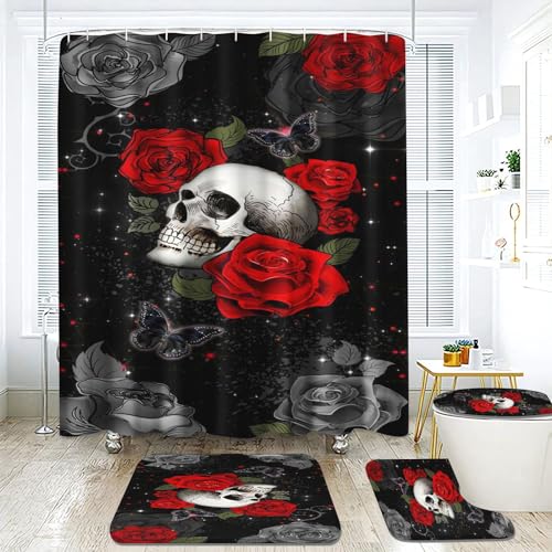 Goplnma Totenkopf Duschvorhang 180 x 200 180 x 180 Gothic Skull Duschvorhänge Wasserdichtes Polyester Cartoon Duschvorhang Badezimmermatte 4-teiliges Set (200 x 200 cm,3) von Goplnma