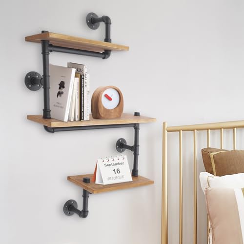 Gorgivous 3 Schichten Industrielles Rohrregal Massivholz, Multifunktionale Wand hängende Regal, Bücherregal Lagerung Regal Retro Bücherregal für Wohnzimmer, Küche, Bar von Gorgivous