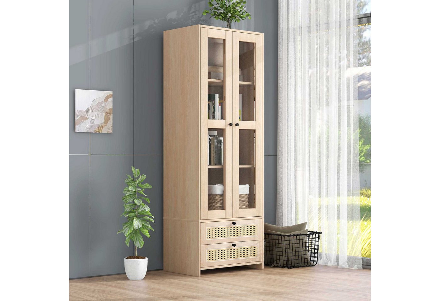 Gotagee Kommode Hochwandkommode 1.7 m Rattan-Schubladen Hochschrank Kommode Natur von Gotagee