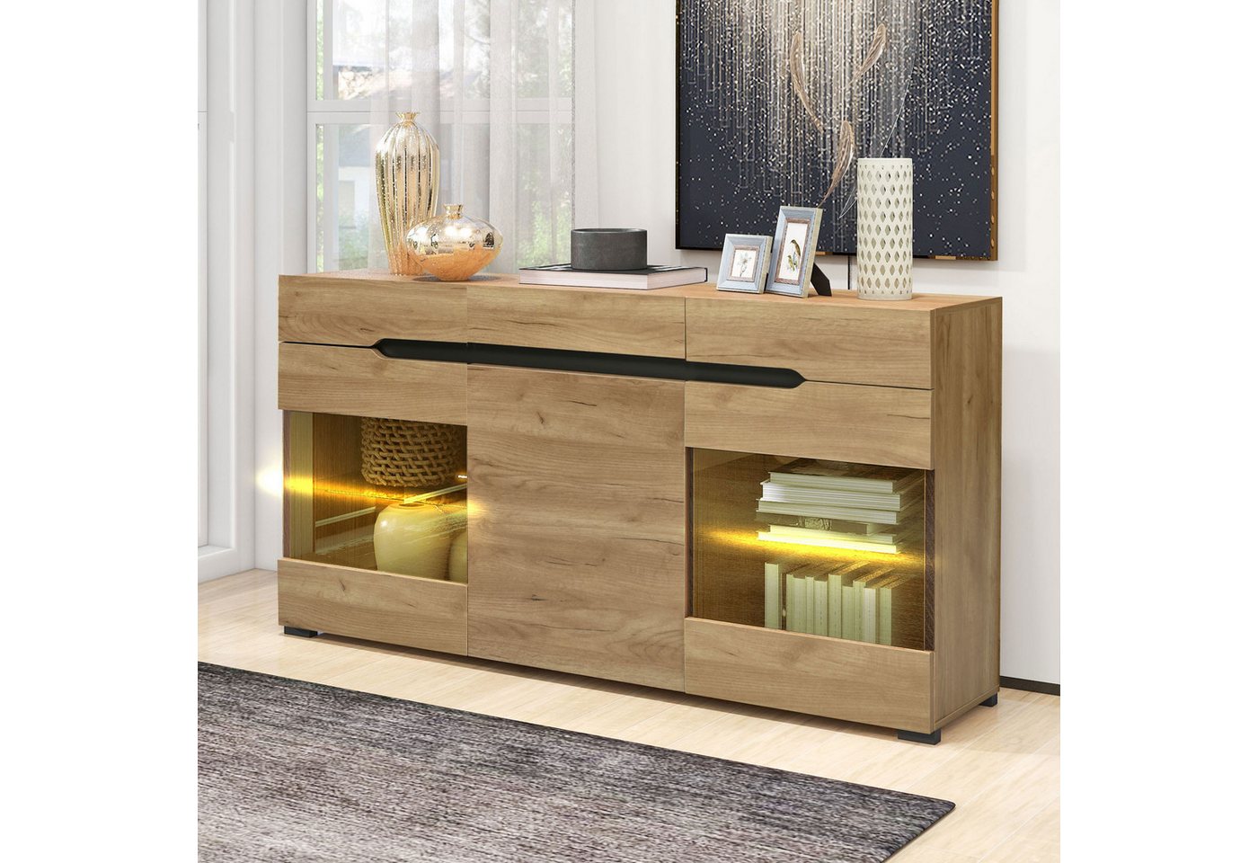 Gotagee Sideboard LED Sideboard Schrank Modern Wohnzimmer Anrichte Kommode Schließfach, Moderne Kommode mit viel Stauraum für Ihren Wohnbereich von Gotagee