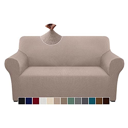 Granbest Karierter Couchbezug für 2-Sitzer, hoher Stretch-Sofabezug, 2-Sitzer, waschbarer Sofa-Schonbezug für Hunde, Haustiere, rutschfester Möbelschutz (2-Sitzer, Sand) von Granbest