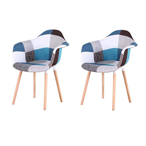 GrandCA HOME 2er-Set Sessel mit Patchwork-Stoffkissen Esszimmerstühle Holzbeine für Küche, Wohnzimmer,Blau A5 von GrandCA HOME