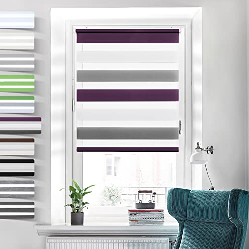 Doppelrollo Klemmfix ohne Bohren Weiß-anthrazit-lila 70x150cm Duo Rollos für Fenster ohne Bohren Klemmrollo Rollo Zebrarollo Seitenzugrollo von Grandekor