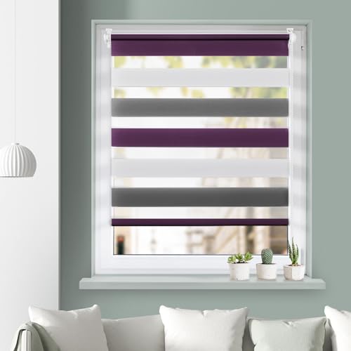 Grandekor Doppelrollo Klemmfix, Duo Rollos für Fenster und Tür ohne Bohren mit Klämmträger, Fensterrollo lichtdurchlässig & verdunkelnd - Weiß-Anthrazit-Aubergine 70x120cm (Stoffbreite 66cm) von Grandekor