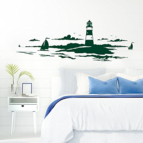 Grandora Skyline Küstenlandschaft Leuchtturm I dunkelgrün 167 x 58 cm I Bad Wohnzimmer Schlafzimmer Aufkleber Wandaufkleber Wandsticker Modern W974 von Grandora