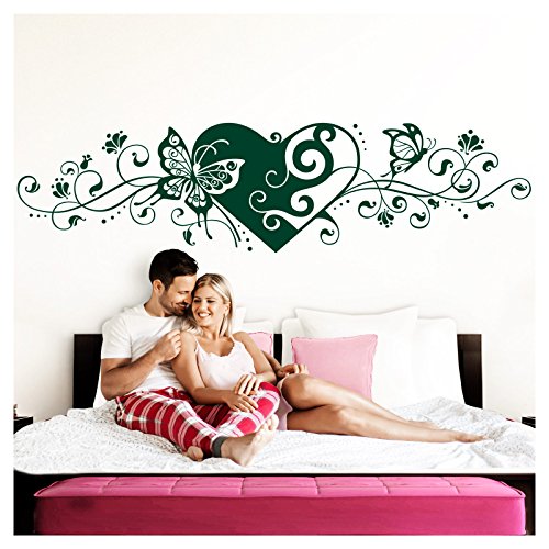 Grandora Wandtattoo Blumenranke Herz selbstklebend I dunkelgrün 116 x 29 cm I Schlafzimmer Liebe Love Schmetterlinge Wandtatoo Wandaufkleber Wandsticker W642 von Grandora