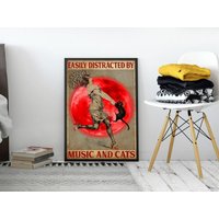Leicht Abgelenkt Von Musik Und Katzen Poster, Tanzende Mädchen Schwarze Katze Topfkopf Notizen Wandkunst, Vintage Liebhaber Geschenk von GraphicCrush