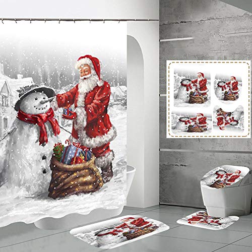 Duschvorhang Set, Weihnachten Schneemann Duschvorhang 4-teiliges Set Mit Rutschfestem Teppich Badezimmermatte Toilettenbezug, Für Badezimmer Fußmatte Weihnachten Dekoriert Badezimmer von Greatideal