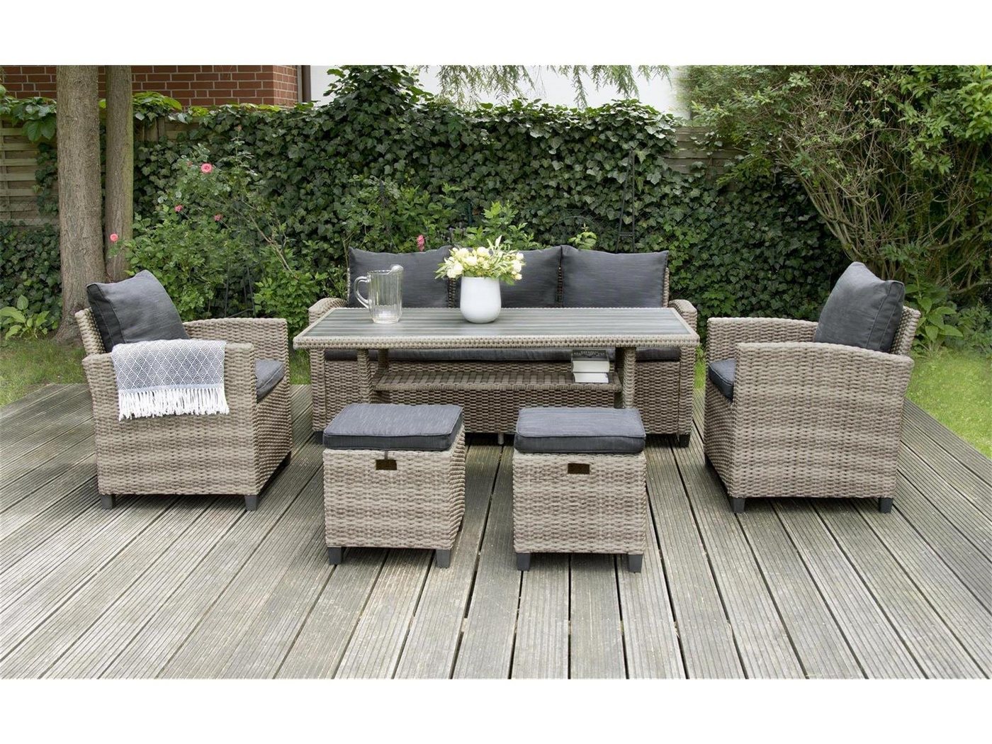 Green Spirit Gartenlounge-Set Dininglounge Madeira II in grau, (Set, 6-tlg), Tischplatte in Holzoptik, für bis zu 7 Personen geeignet von Green Spirit