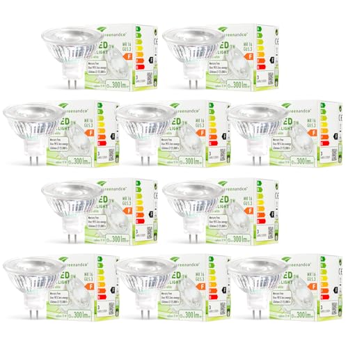 10x greenandco® MR16 GU5.3 LED Spot, 3W 300 lm 38° 2700K warmweiß COB LED 12V AC/DC, nicht dimmbar, 2 Jahre Garantie von greenandco