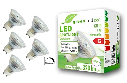 greenandco 5x CRI 90+ GU10 LED Spot dimmbar, 5W 320 lm 110° 3000K warmweiß 230V, flimmerfrei, 2 Jahre Garantie von greenandco