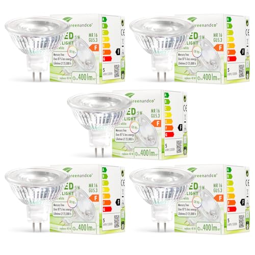 greenandco 5x CRI 90+ MR16 GU5.3 LED Spot, 5W 400 lm 38° 3000K warmweiß COB LED 12V AC/DC, nicht dimmbar, 2 Jahre Garantie von greenandco