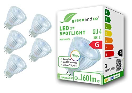 greenandco 5x CRI 90+ LED Spot ersetzt 20W GU4 MR11 Strahler, MCOB 3W 160lm 3000K warmweiß 38° 12V AC/DC flimmerfrei nicht dimmbar 2 Jahre Garantie von greenandco